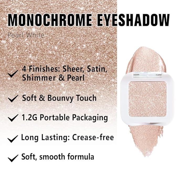 Glitter Singe Eye Shadow Palette Makeup, Pearl White Glitter Monochrome Eyeshadow For Older Women, Mini Pressed Pigmented Waterproof Sombras Para Ojos, Vegan, Talc, Paraben & Cruelty Free