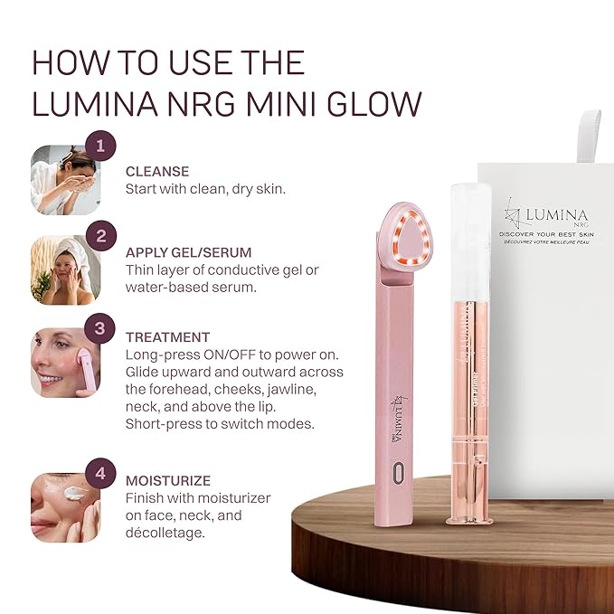 Lumina NRG Mini Glow Pro 5-in-1 LED Face Wand – Skin Lifting, Toning & Firming Facial Massager with EMS, Microcurrent, Red & Blue Light – at Home Neck Contouring Beauty Device & Sculpting Tool