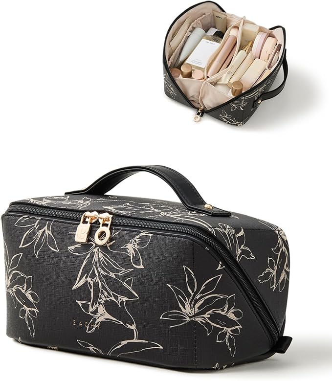 EACHY Travel Makeup Bag, Large Capacity Cosmetic Bags for Women, Waterproof Portable Pouch Open Flat Toiletry Bag Pattern Make up Bag (F-Black)