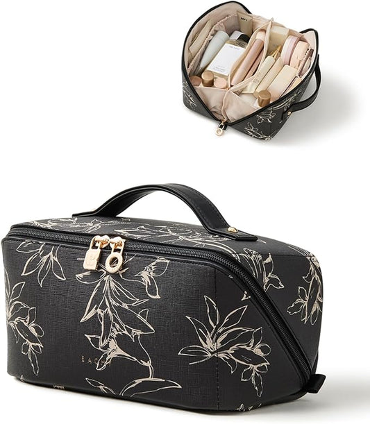 EACHY Travel Makeup Bag, Large Capacity Cosmetic Bags for Women, Waterproof Portable Pouch Open Flat Toiletry Bag Pattern Make up Bag (F-Black)