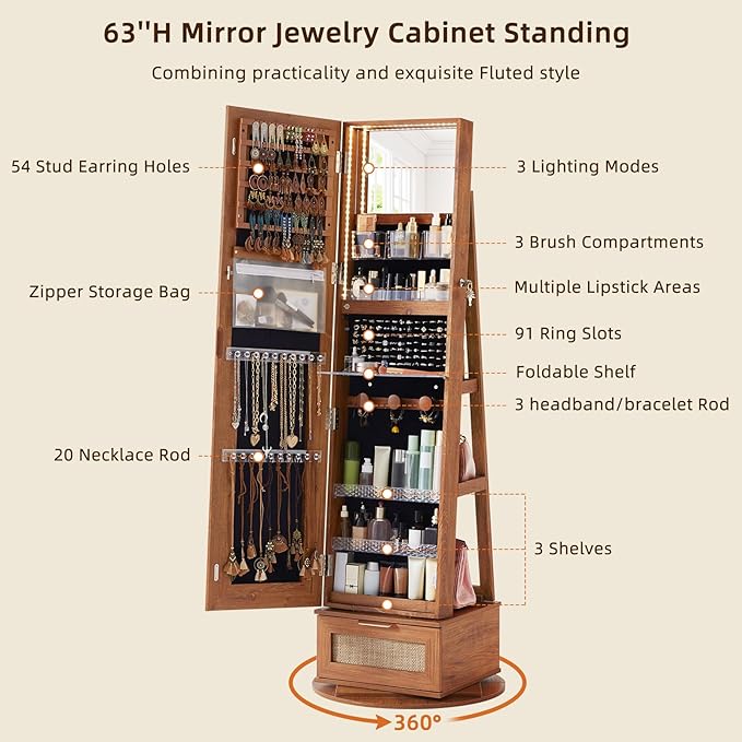 Rattan 360° Swivel Jewelry Armoire Cabinet Standing with Full Length Mirror, Lockable Jewelry Organizers and Drawer Storage with 3 Color LED Lights & Interior Mirror Rear Storage Shelves