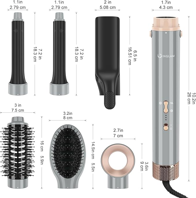 6-in-1 Hair Dryer Brush, 110,000 RPM High Speed Hair Dryer with Air Straightener, 28mm AUTO Curlers, IG INGLAM MegaAIR 2.0 Multi-Styler Set Volumizing and Shape, Gray