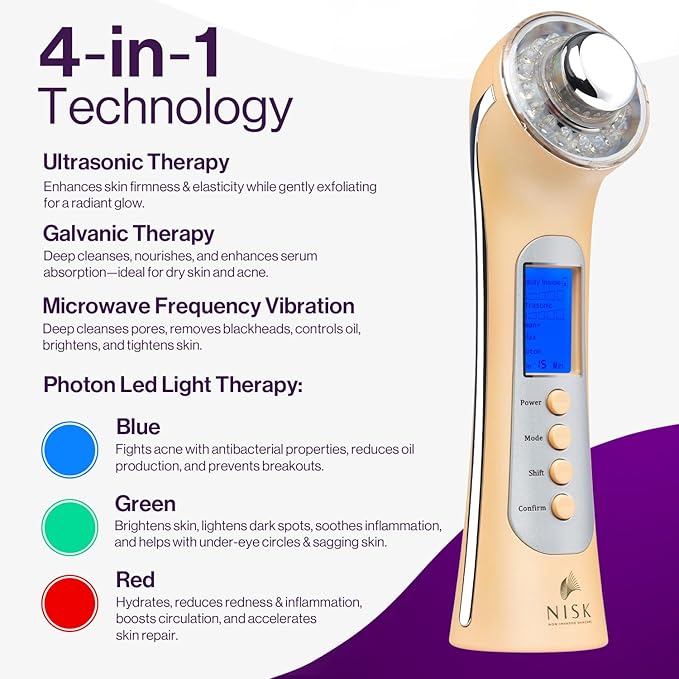 Nova 4-in-1 Facial Wand: Red, Blue and Green Light Therapy, Galvanic Ion Cleansing, Ultrasonic Face Lift & Anti-Aging Device, Tightening, and Rejuvenation for Home Use