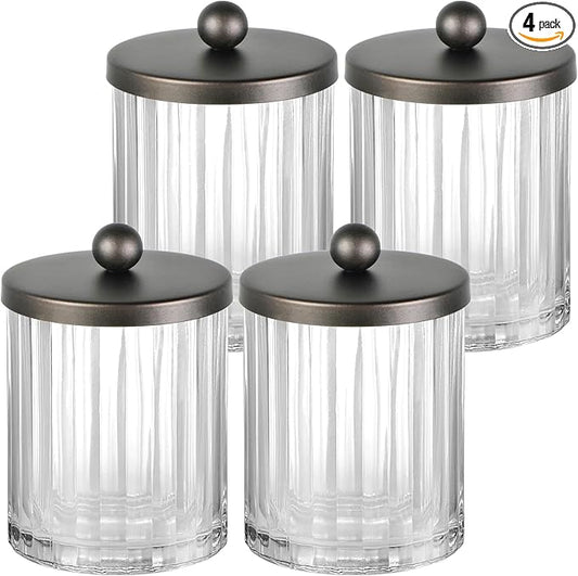 Amolliar Apothecary Jars Bathroom Vanity Storage Organizer Set, Countertop Canister with Stainless Steel Lid & Cute Stickers, Qtip Holder Dispenser for Cotton Swabs, Balls, Makeup Pads(Bronze, 4 Pack)