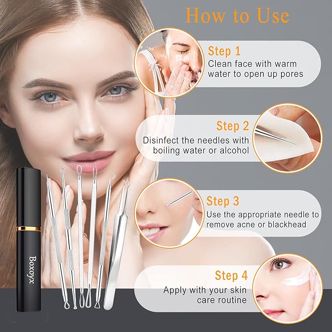 Boxoyx Pimple Popper Tool Kit - 6 Pcs Blackhead Remover Comedone Extractor Tool Kit with Metal Case for Quick and Easy Removal of Pimples, Blackheads, Zit Removing, Forehead, Facial and Nose(Silver)