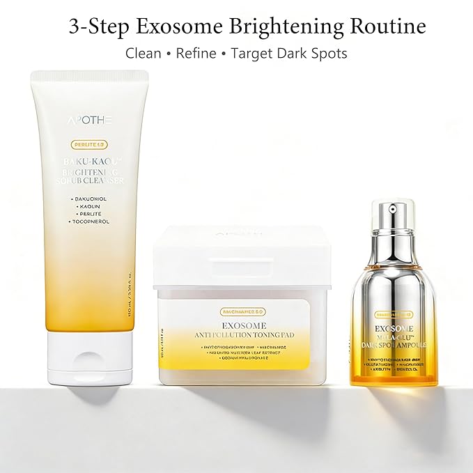 APOTHE Exosome Brightening 3-in-1 Skincare Set – Cleanser, Toning Pads & Dark Spot Ampoule, WInter Gifting Bundle