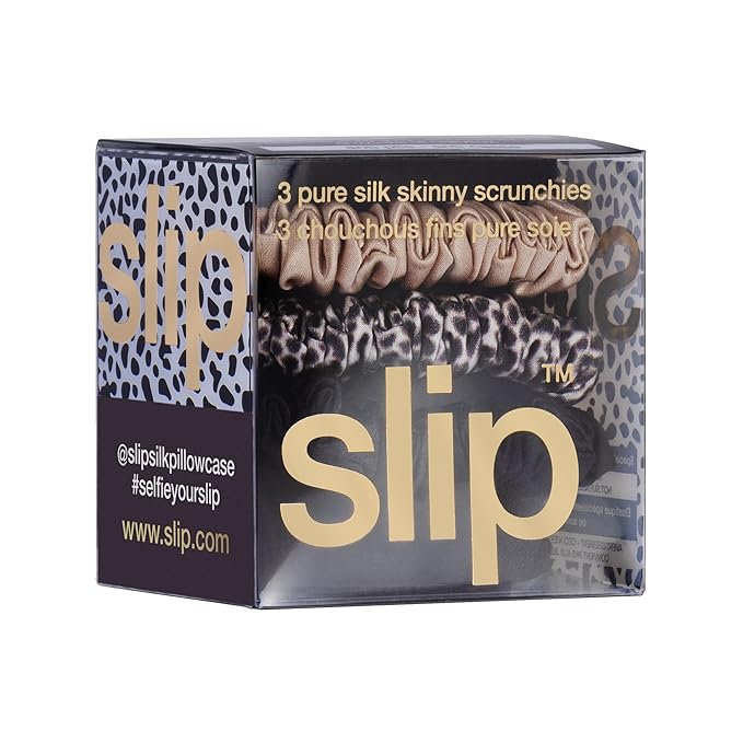 SLIP Skinny Scrunchies: Elevate Your Hair Game with Anti-Crease, Anti-Breakage Design,Crafted from Slipsilk™, Fierce: 3 Pure Silk Skinny Scrunchies in Black, Caramel & Leopard