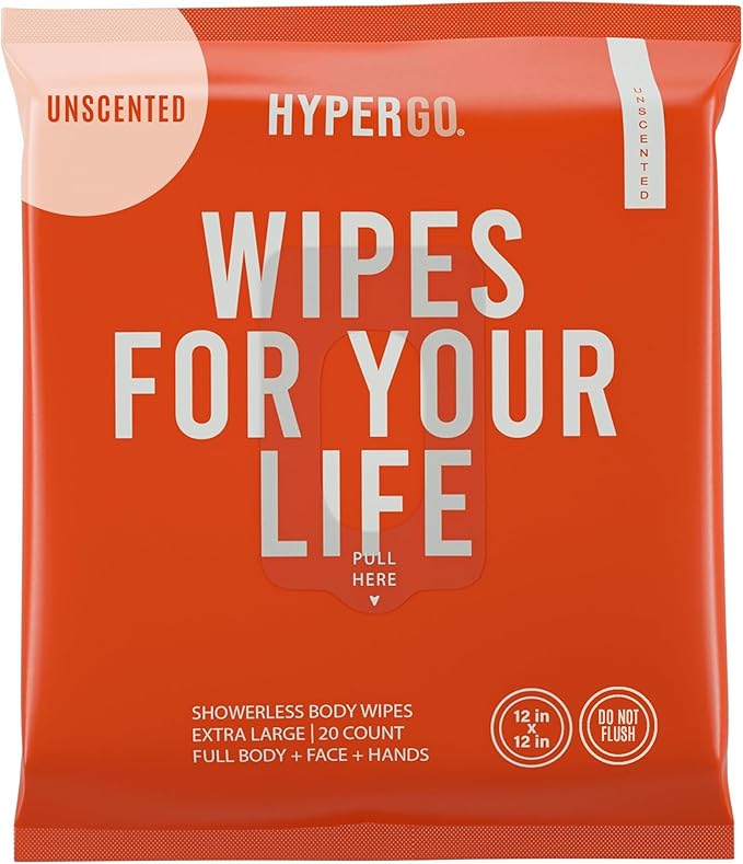 HyperGo XL Body Wipes for Women & Men – 12" x12" Rinse-Free Full Body Cleansing Wipes 20 Count Pack - Unscented | Biodegradable, Hypoallergenic, Aloe-Infused | Gym, Festival, Camping Essentials