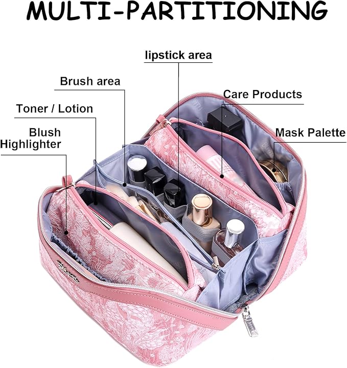 BOYATU Travel Makeup Bag for Women: Large Capacity Make up Bag with Compartments - Vegan Leather Cosmetic Bag set of 3 - Waterproof Toiletry Bag with Handle & Divider(E-4-Pink)