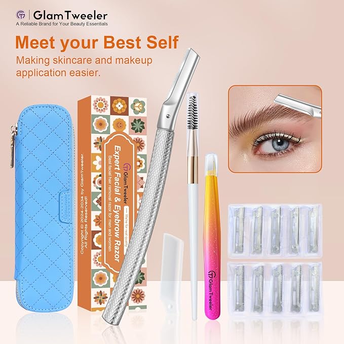 Women's Dermaplane Face & Eyebrow Razor Kit with GlamTweeler Slant Tweezers, Spoolie Brush, and Luxury Leather Storage & Travel Case + 10 Refill Blades (Silver)