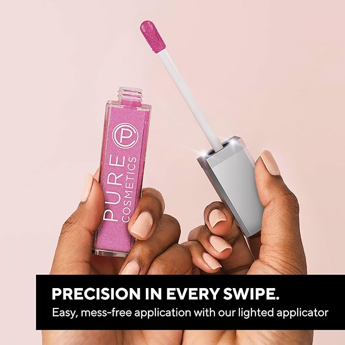 Pure Illumination Light-Up Lip Gloss with LED-Lit Applicator Brush + Side Mirror, Non-Sticky, Moisturizing Hydrating Lip Glosses with Lanolin, Jojoba Oil, & Vitamin E, On Pointe