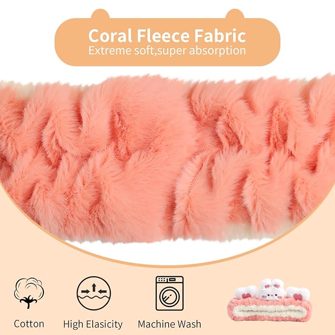 PERFECTSIGHT Kawaii Headband for Spa, Makeup, Washing Face, Party - 2 Pack Cute Hair and Wrist Band for Shower Beauty Skincare, Soft Facial Headbands for Girls and Women, Coral Rabbit