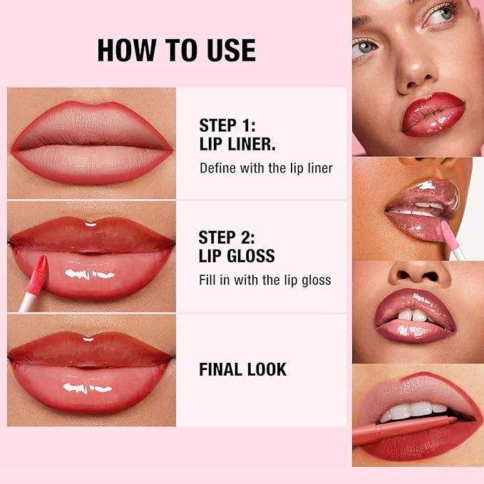 Pink Lip Liner Lip Gloss Set for Women,Pluming Lip Kit with Lip Oil Lip Liner Pencil,Waterproof Long Lasting Lipgloss Lip Pencil,Highly Pigmented Smudge proof lip liner Stain Lipliner (01# Light Pink)