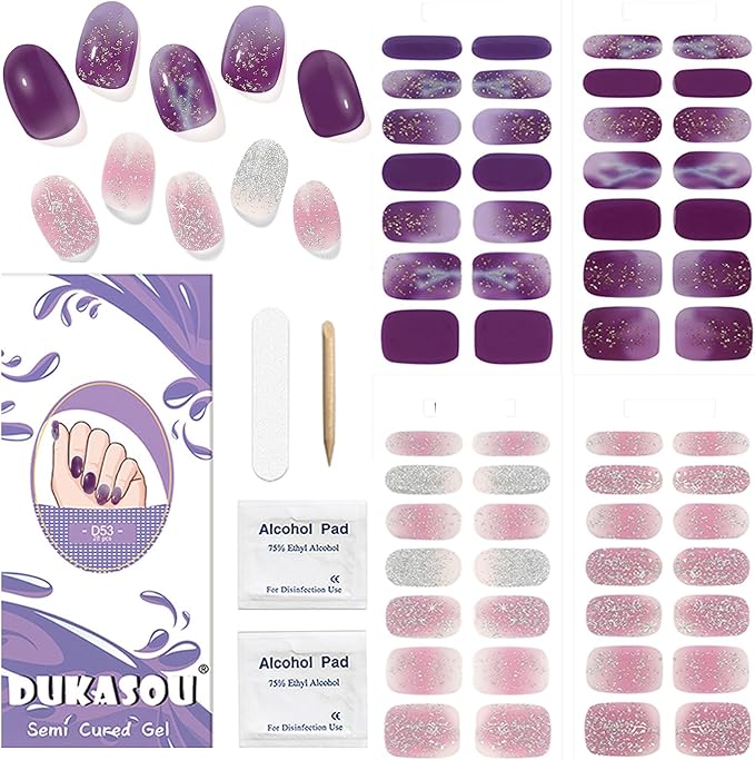 DUKASOU Semi Cured Gel Nail Strips, 56Pcs Nail Art Stickers/Wraps, Long Lasting UV Nail Polish Strips for Adults(Pink+Purple)