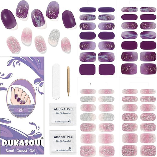 DUKASOU Semi Cured Gel Nail Strips, 56Pcs Nail Art Stickers/Wraps, Long Lasting UV Nail Polish Strips for Adults(Pink+Purple)
