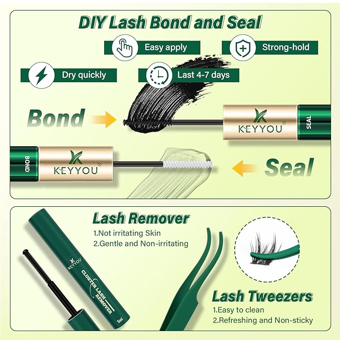 KEYYOU LASH Lash Clusters Kit Manga Lashes 8-18mm C Curl Wispy Lash Cluster Ultra-Thin Natural Lash Cluster with Spike Eyelash Extension 120pcs Fairy False Eyelash with Remover Bond and Seal（F04 Kit）