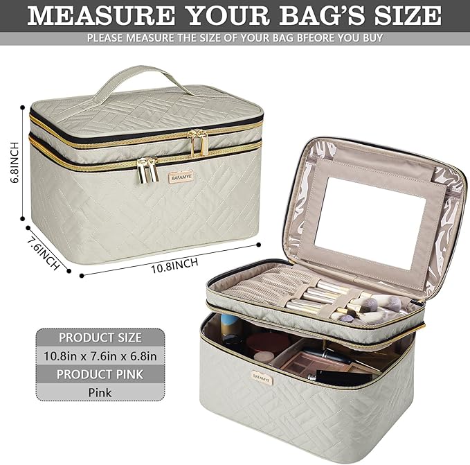 BAFAMYE 8.8L Double Layer Travel Makeup Bag With Mirror For Women, Large Cosmetic Case, Organizer for Travel-Size Accessories Bottles, Brushes,and Skin Care Products, 2.33 GAL, Beige