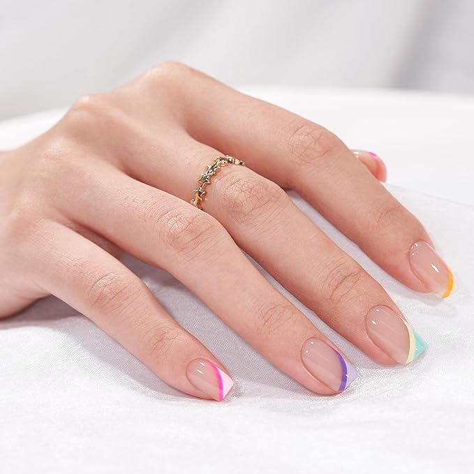 BTArtbox Short Press On Nails - Soft Gel French Tip Press On Nails, Supremely Fit & Natural Square Glue On Nails with Nail Glue, Reusable Stick On Nails in 15 Sizes, Pastel Curves
