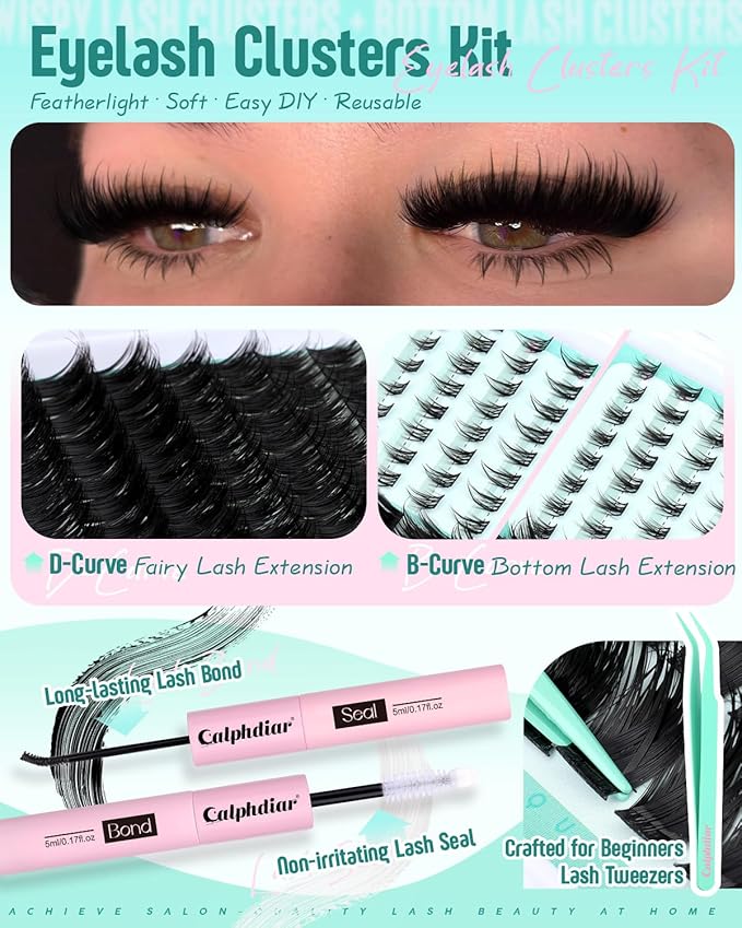 Thick Fairy Lash Clusters Kit DIY Salon-Effect Lash Extensions Wispy Eyelash Clusters Kit Spiky Manga Individual Lashes Bottom Lashes Clusters Eyelash Extensions Kit 5-20mm Fluffy Lash Extension Kit