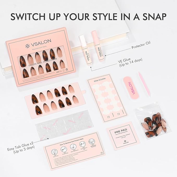 VSALON Press on Nails Medium Almond - Tortoise Shell French Tip Glue On Nails Kit for Women, Opaque Salon Quality Fake Nails - 32 PCS Stick on Nails in 16 Sizes with Glue & Cuticle Oil
