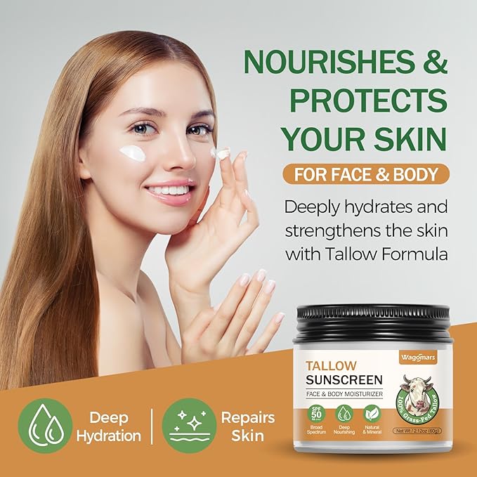 Beef Tallow Sunscreen SPF 50 - Organic Mineral Sunscreen with Zinc Oxide - Non-Toxic Natural Sunblock for Face & Body - Water Resistant, Reef Safe, Moisturizing for Dry and Sensitive Skin