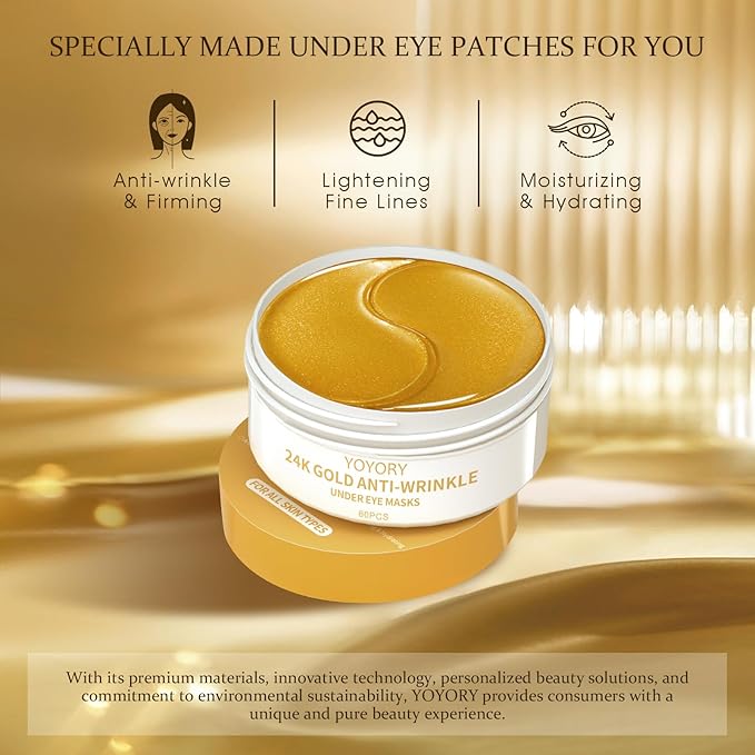 Under Eye Patches Masks - 24K Gold Eye Patch for Dark Circles & Puffy Eyesg,Fine Lines,Eye Bags, Wrinkle,Contains Caffeine and Collagen, Hydration for Women and Men, (60 Pcs) Gold
