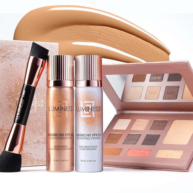 LUMINESS Complete Makeup Kit - Includes Face Palette, Airbrush Foundation, Primer and Brush - Silky, Long-Wearing, Easy to Blend, Perfect Makeup for Older Women, 4-PC Make Up Set (06 - Light Warm)