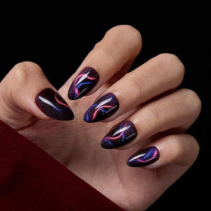 VSALON Press on Nails Short Almond - Dark Purpule Blue Cat Eye Sparkle Ribbon Design Winter Nails for Women, Reusable Opaque Gel Chrome Glue on Nails with Glue & Cuticle Oil - 32 PCS in 16 Sizes