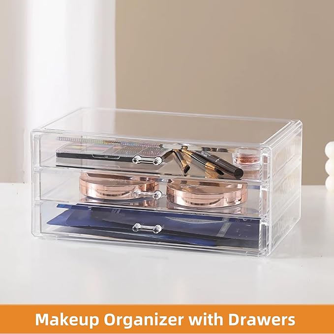 Feadily 1PCS Acrylic Jewelry Organizer Box, Jewelry Drawer Organizer With 3 Drawers, Nail Art Decoration Storage Box, Clear