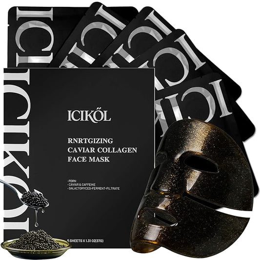 ICIKOL 24K Gold & Caviar Collagen Face Mask, 5 Pack – Luxurious Hydrating Facial Treatment, Firming Appearance – Supports a Radiant, Rejuvenated Look Overnight