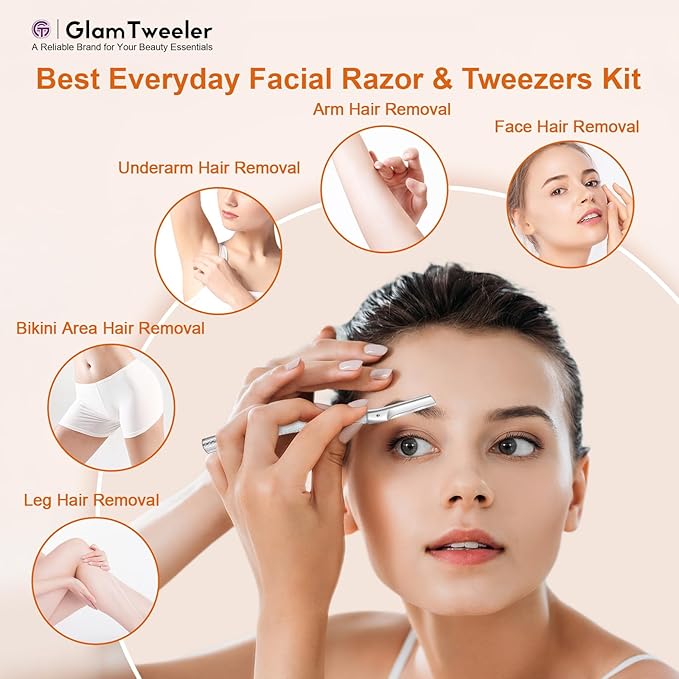 Women's Dermaplane Face & Eyebrow Razor Kit with GlamTweeler Slant Tweezers, Spoolie Brush, and Luxury Leather Storage & Travel Case + 10 Refill Blades (Silver)