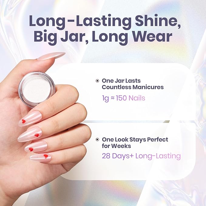 Beetles White Chrome Nail Powder Pearl Mirror Effect Cromer Nail Powder for Gel Nails Glitter Manicure Gel Polish Holographic Pigment Nails Art Design Gifts for Women