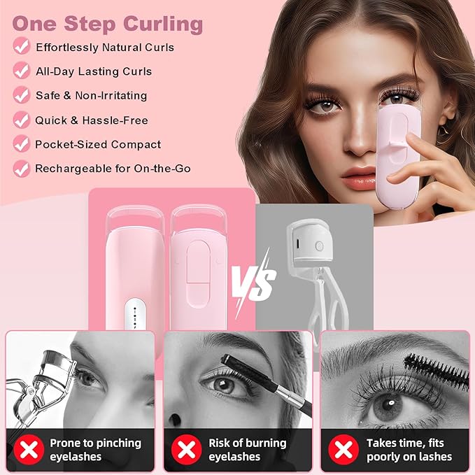 Visible Heated Eyelash Curler, Rechargeable Electric Eyelash Curlers 10S Fast Heat, Safe Anti-Burn Mini Heat Eye Lash Curler 24Hrs Long Lasting Natural C Curl Lashes (Pink)
