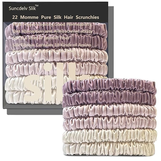 Suncdelv Silk,100% Silk Scrunchies for Hair,22 Momme Hair Ties for Anti-Crease & Breakage,Natural Women Hair Accessories，Fashion Hairbands 6PCS(Bean Paste, Rose Gold, Rice White)