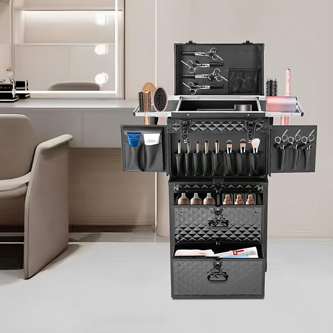 Rolling Lockable Makeup Train Case,Large Cosmetic Organizer Train Case Makeup Travel Case with 360° Swivel Wheels, Trolley Makeup Travel Organizer,Black