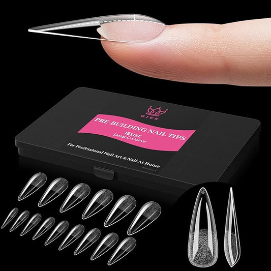 Qiek Long Stiletto Pre-Building Nail Tips, 15 Sizes 240 PCS Pre-shaped Apex Clear Soft Press On Fake Nail Half Matte Gel Nail Extensions Strong Thick Acrylic Tip for DIY Beginners & Salon Manicure
