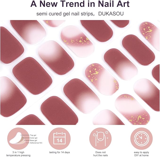 DUKASOU Semi Cured Gel Nail Strips, 56Pcs Nail Art Stickers/Wraps, Long Lasting UV Nail Polish Strips for Adults(Brown+Red)
