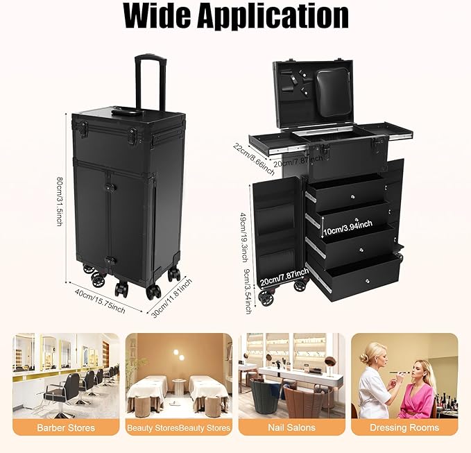Professional Rolling Makeup Case 4 Drawers Makeup Travel Case for Makeup Artist, Hairstylists, Large Storage Cosmetic Case Trolley, Make-up Travel Organizer with Key Swivel Wheels