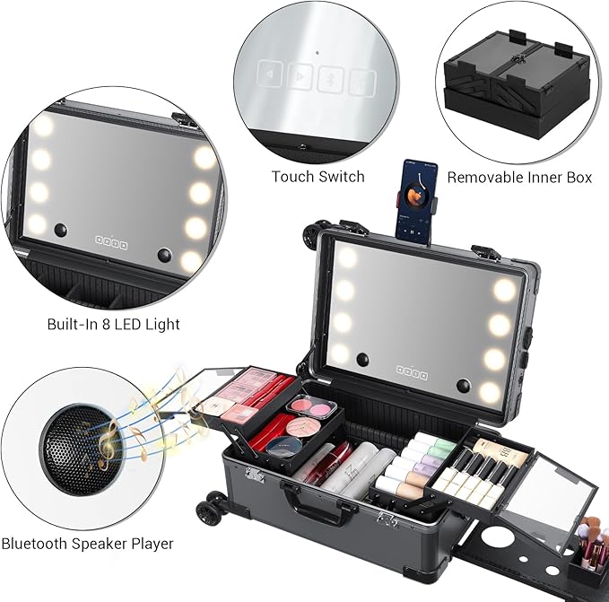 Rolling Makeup Train Case with Lighted Mirror and Bluetooth Speaker Professional Cosmetic Organizer Case with Wheels, Stands Portable Makup Station Vanity for Travel (Gray, Small)