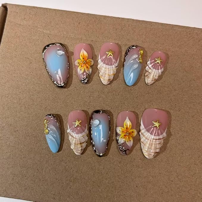 MAGLFELL Press On Nails - Handmade Medium Length Almond French Tip Fake Nails, Shell Painting Design, Reusable Artificial Almond False Nails for Women 10 Pcs Acrylic Nails Kit (Size L)