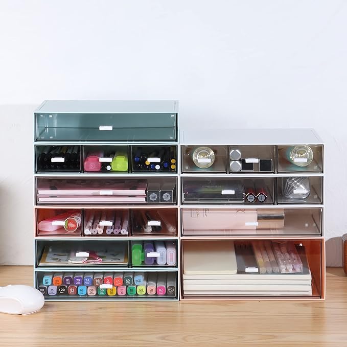 Desk Craft Organizer and Storage with 4 Mixed Drawers, Stackable Plastic Desktop Accessories & Workspace Organizer for Office Stationary, Makeup Skincare, Sanitation Supplies, Pink