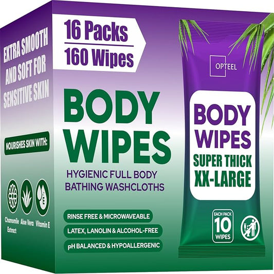 Super Thick Bathing Wipes for Adults Bathing No Rinse – Full Body Shower Wipe, Ideal for Men, Women & Elderly – Extra Large & Soft Travel Wipes Perfect Alternative to Shower – 16 Packs (160ct)