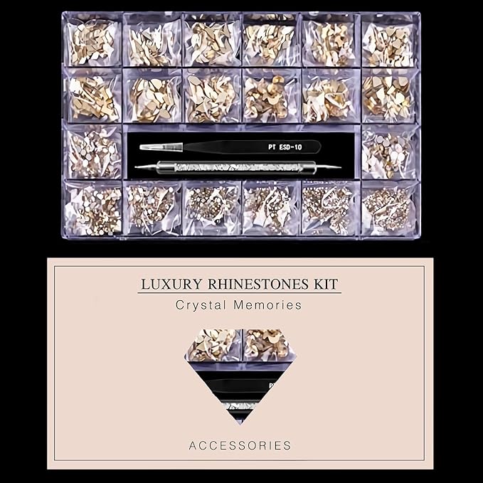 Yzzseven 12 Types of 600 Champagne Diamonds + 2500 Flat Rhinestones Mix 20 Styles Flatback DIY Crafts Rhinestone Crystals 3D Ornament‌s Flat Back Stones Set + Tweezers + Drill Pen