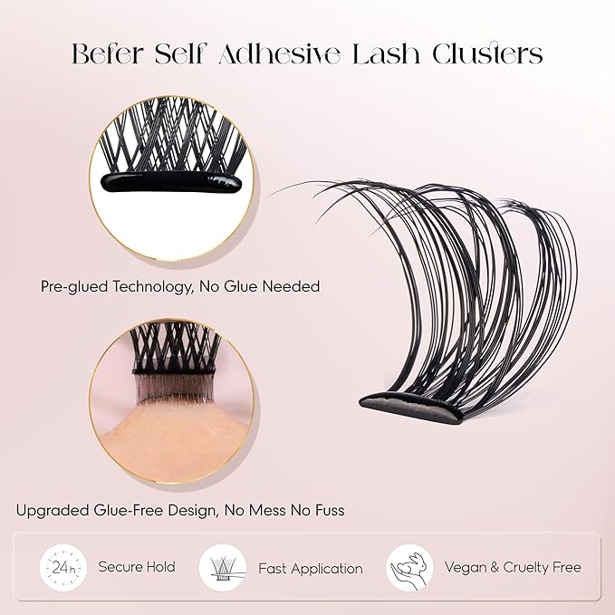 BEFER Self Adhesive Eyelashes Clusters, D Curl 10-16MM Pre Glued Lash Natural Look No Glue No Remover Needed Reusable Lashes Press on Eyelash Clusters Easy for Use DIY at Home(24-1,Air)