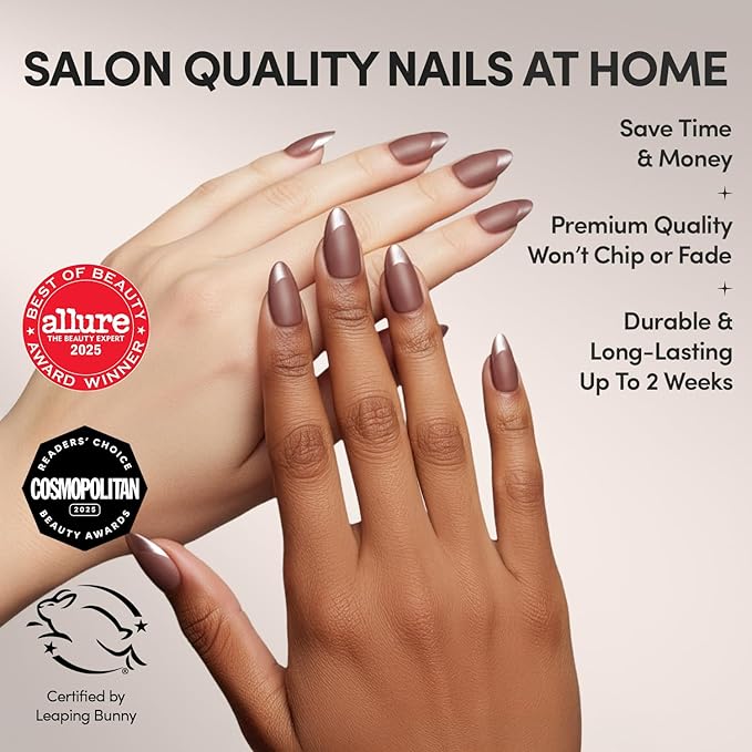 Glamnetic Press On Nails - Terra | Short Almond Dark Brown Nails with Glossy French Tips in a Matte Finish | 15 Sizes - 30 Nail Kit with Glue