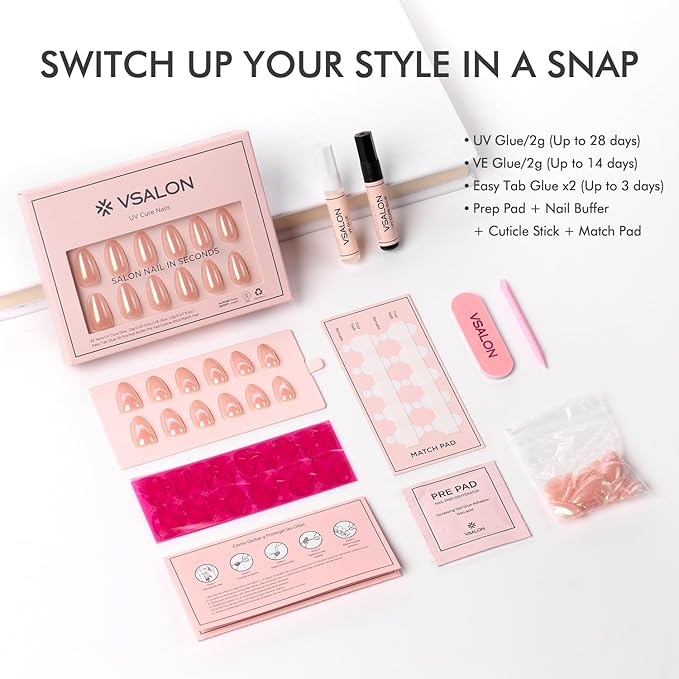 VSALON Press On Nails Short Almond, Nude Pink Pearl Chrome Shimmer Fake Nails With UV Glue, Reusable Stick On Nails Acrylic Neutral Glazed Donut Fall Gift Glue On Nails in 16 Sizes - 32 Nails Kit
