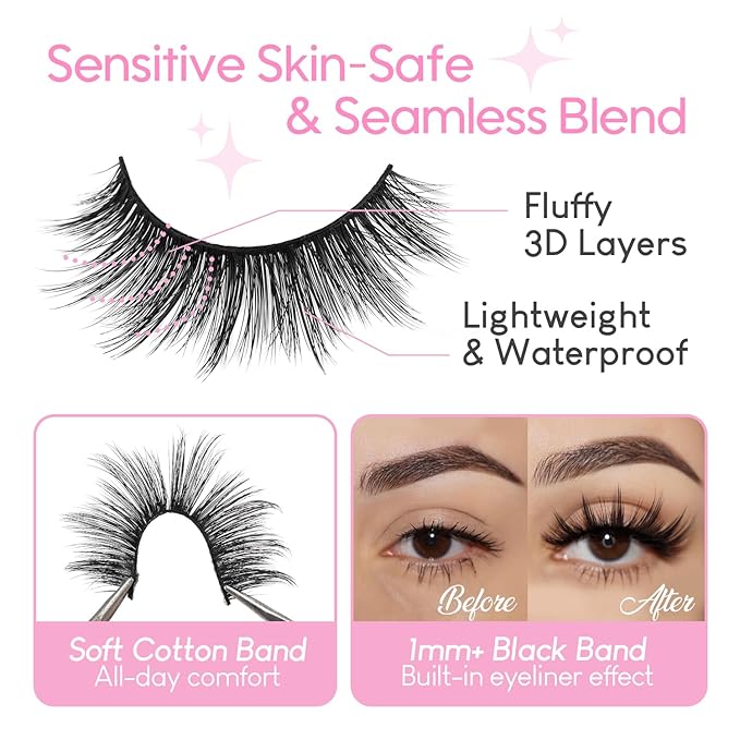 False Eyelashes 20 Pairs 16mm Long Lashes Manga Volume Look Wispy Lashes Faux Mink Lashes 3D Fluffy Cat Eye Lashes （style 20-068)