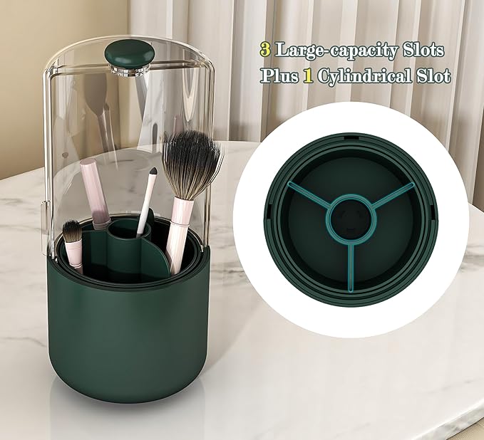Zufudo Makeup Brush Holder with Dustproof Cover, Clear 360 Rotating Make Up Brushes Organizer for Counter Vanity Bathroom, Olive Green