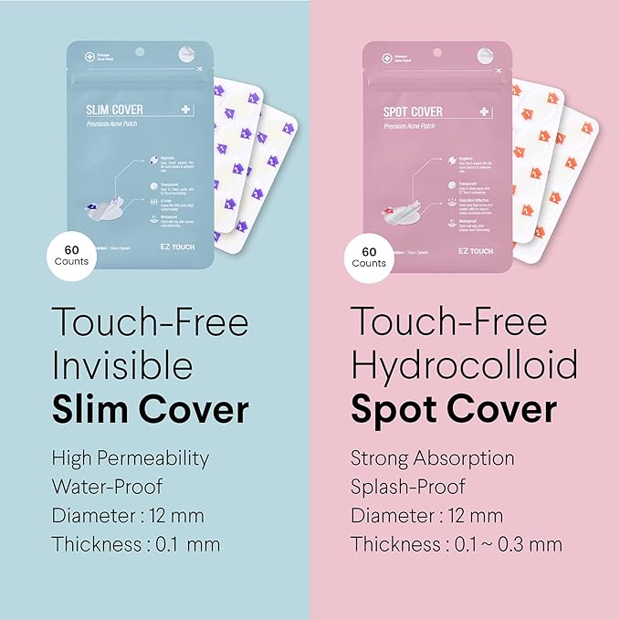 EZ Touch Touch-free Hydrocolloid Acne Pimple Patch (60 count, 12mm, Invisible) | Ultra-thin & Vaterproof | Patented Korean Slim Cover