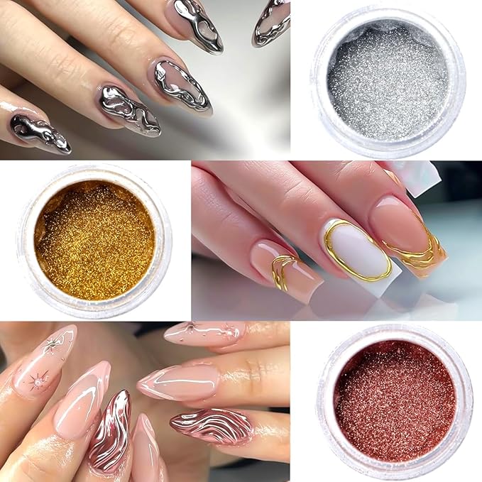 SUTOZMIWE Chrome Nail Powder Metallic Gold And Silver, Magic Mirror Effect Pigment Glitter Rubbing Dust, 3D Carving Nail Molding Gel & Holographic Dip Nail Powder Kit for Nail Decor Home Manicure DIY